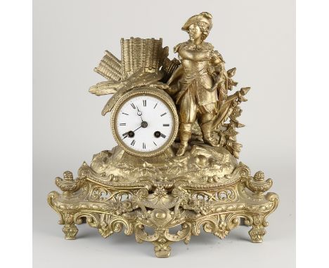 Antique French gold plated Louis Philippe mantel clock.&nbsp;Circa 1860. Composition metal.&nbsp;Eight-day movement, half-hou