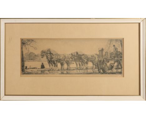 W.G. Hofker.&nbsp;1947. Loading horse cart with figures on the quay.&nbsp;Etching on paper.&nbsp;Dimensions: H 16 x W 44 cm.&