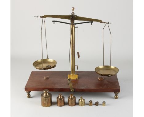 Antique mahogany scales with gold plated brass + weights.&nbsp;19th century.&nbsp;Dimensions: 35 x 37 x 18 cm.&nbsp;In good c