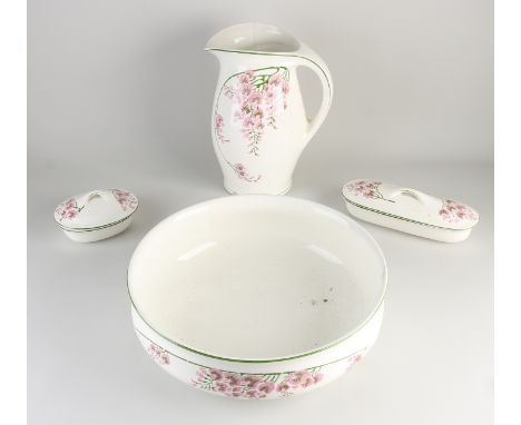 Antique four-piece Petrus Regout Maastricht earthenware lamp set.&nbsp;Circa 1900. Hairline in water jug.&nbsp;Dimensions: 15