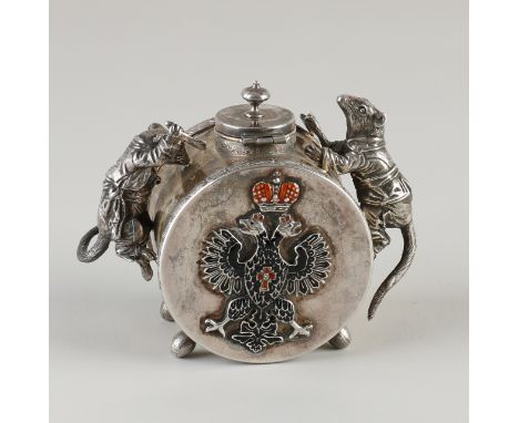 Russian silver inkwell, 84 zolotnik, 875/000, standing round model placed on 4 oval feet.&nbsp;On the side of the inkwell, 2 