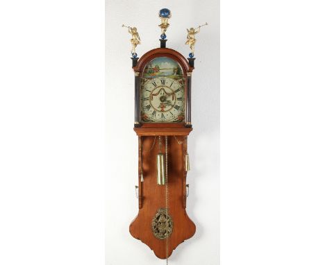 Beautiful intact 19th century oak Frisian tail clock with alarm clock and beautifully painted dial + wooden dolls.&nbsp;Dimen