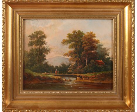 unsigned.&nbsp;Circa 1900. Landscape with walkers.&nbsp;Oil paint on panel.&nbsp;Dimensions: H 18 x W 22 cm.&nbsp;In good con