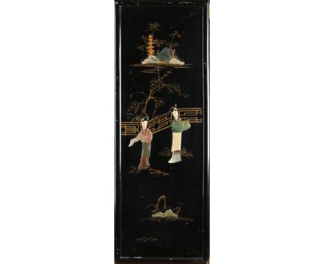 Antique Japanese lacquer panel glued with natural stone + mother-of-pearl.&nbsp;Circa 1930. Dimensions: H 71 x W 25 cm.&nbsp;