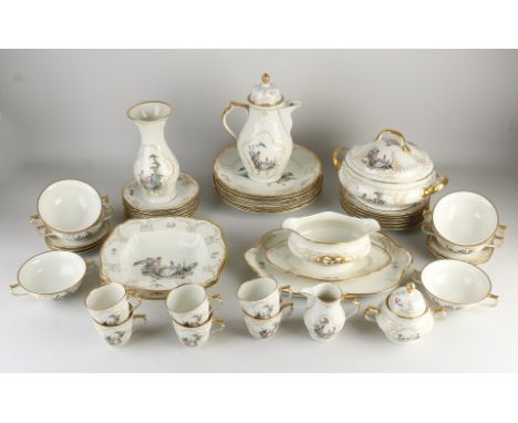 32-piece German Rosenthal porcelain dinner service.&nbsp;Decor Classic Rose, with figures in landscape/gold decor.&nbsp;Secon