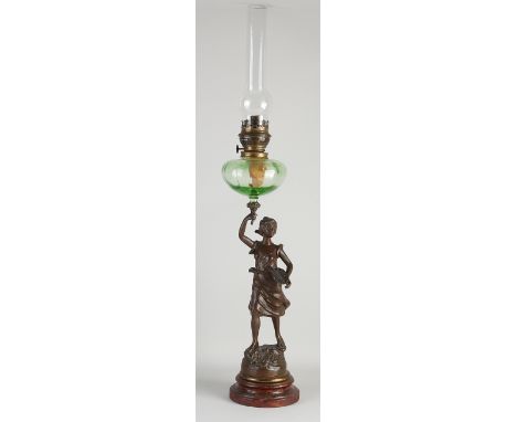 Large antique French composition metal kerosene lamp with figure + painter's palette and mouth-blown reservoir.&nbsp;Dimensio