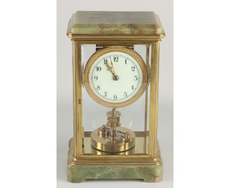 Antique French onyx with brass glass mantel clock.&nbsp;annual runner.&nbsp;With facet cut glass.&nbsp;Circa 1900. Dimensions