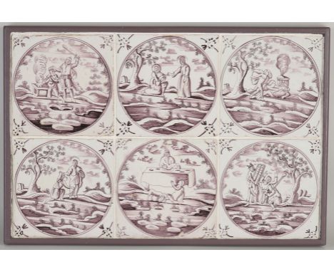 Antique tile panel with six manganese biblical tiles.&nbsp;19th century.&nbsp;Dimensions: 27.5 - 40.5 cm.&nbsp;In good condit
