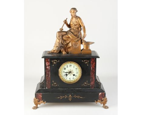 Antique French marble mantel clock with composition metal figure.&nbsp;Circa 1890. Some chips.&nbsp;Eight-day movement, half-