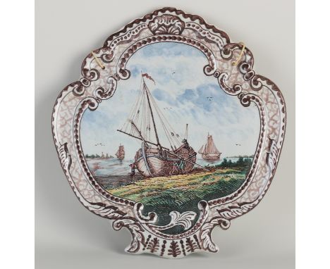 Frisian polychrome Fayence wall plaque.&nbsp;Koch Workum.&nbsp;Sailboats in landscape.&nbsp;First half 20th century.&nbsp;Dim