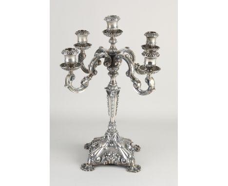 Silver table candlestick, 835/000, 5 lights, richly decorated with curls, flowers and acanthus leaves, placed on 4 legs in th