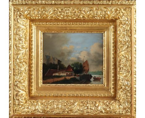 Dutch School.&nbsp;19th century.&nbsp;River view with castle, boats and figures.&nbsp;Oil paint on panel.&nbsp;Dimensions: H 