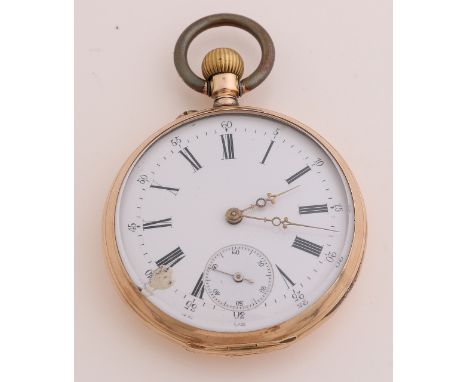 Yellow gold pocket watch, 585/000, with floral engraving on the case back.&nbsp;The watch has a white enamel dial, somewhat d