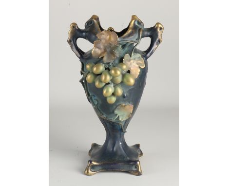 Rare amphora Jugendstil ceramic vase with grape vines and gold decor.&nbsp;Circa 1900. Minimal chip.&nbsp;Dimensions: H 28 cm