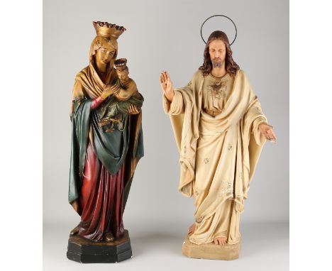 Two antique Holy statues of plaster + polychromy.&nbsp;First half 20th century.&nbsp;Dimensions: 73 - 76 cm.&nbsp;In fair/goo