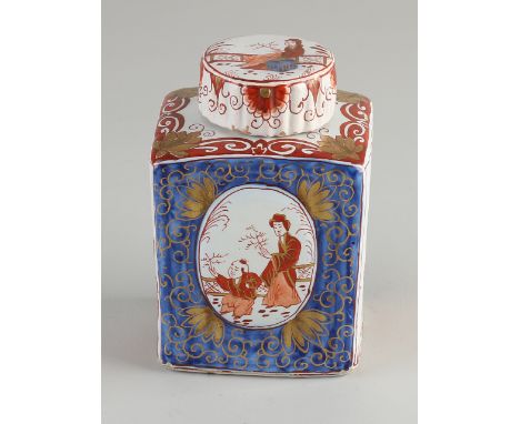 Rare 18th century polychrome Delft Fayence tea caddy with chinoiserie and gold decor.&nbsp;Marked APK.&nbsp;Dimensions: H 11 