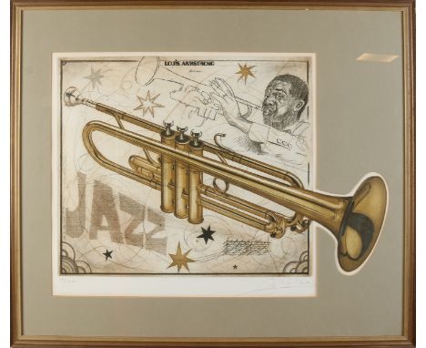 Unclearly signed.&nbsp;Louis Armstrong.&nbsp;No.&nbsp;48/200.&nbsp;Hand colored.&nbsp;Etching on paper.&nbsp;Dimensions: H 67