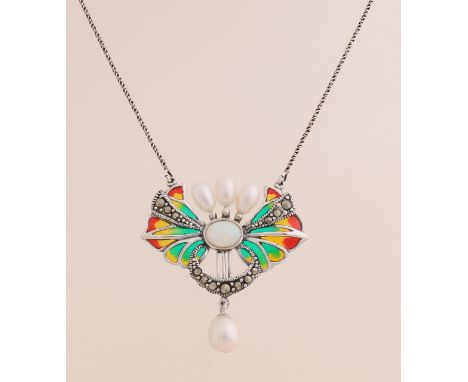 Silver choker, 925/000, with enamel, marquesite, pearl and opal.&nbsp;Silver twisted necklace with in the center an oval cont