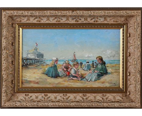 T. van Asten.&nbsp;Second half of the 20th century.&nbsp;Dutch beach scene with figures at the pier of Scheveningen.&nbsp;Oil