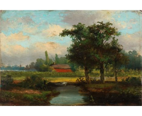 HJ Rijkshuizen.&nbsp;1813 - 1883. Dutch landscape with farm.&nbsp;Oil paint on panel.&nbsp;Dimensions: H 30 x W 43 cm.&nbsp;I
