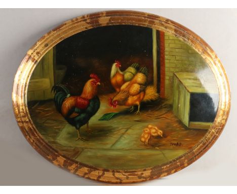 Oval painting.&nbsp;Second half of the 20th century.&nbsp;Hoenderhof with chickens.&nbsp;Oil paint on panel.&nbsp;Dimensions: