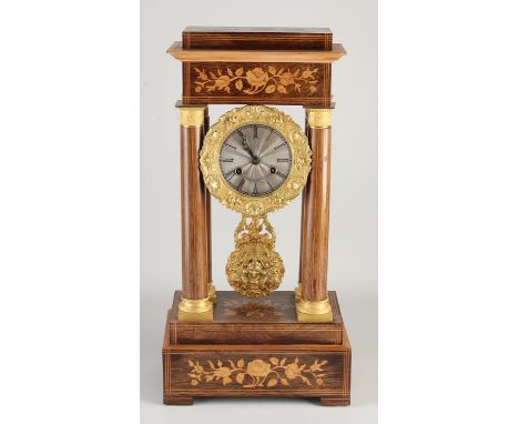 Beautiful large antique French rosewood mantel clock with floral intarsia.&nbsp;Circa 1860. With gilt brass capitelles, hand 