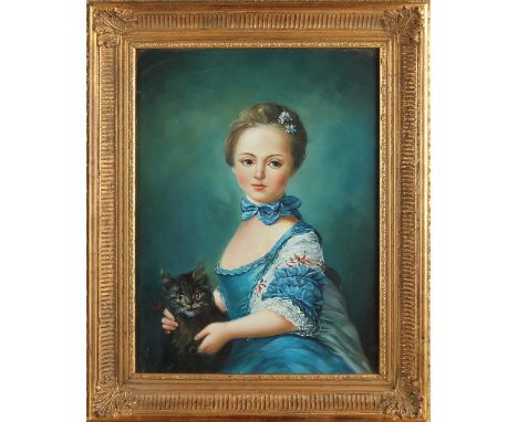 unsigned.&nbsp;Second half of the 20th century.&nbsp;Girl with cat.&nbsp;Oil paint on panel.&nbsp;Dimensions: H 40 x W 30 cm.