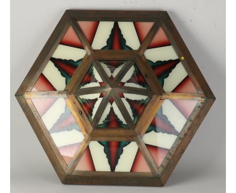 Large stained glass ceiling lamp in Amsterdam School style.&nbsp;Coming from Hilton Hotel.&nbsp;Second half of the 20th centu