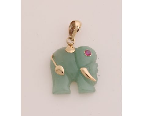 Gold charm, 585/000, with jade and ruby.&nbsp;Jade pendant in the shape of an elephant decorated with a ruby ??as an eye and 
