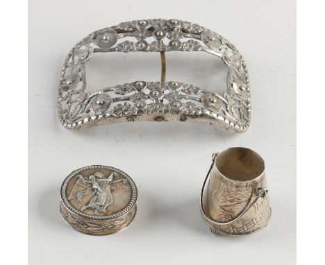 Lot 3 parts silver with a buckle with nickels, size: H.van Delden &amp; zoon, Zwolle, jl.:O:1848, a round box with hinged lid