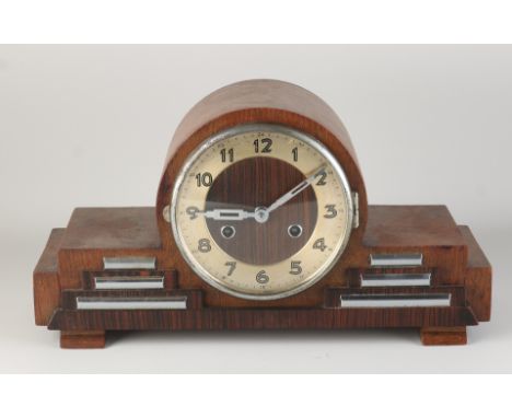 Dutch oak with coromandel mantel clock with chrome.&nbsp;Circa 1935. Art Deco.&nbsp;Eight-day movement, half-hourly strike on