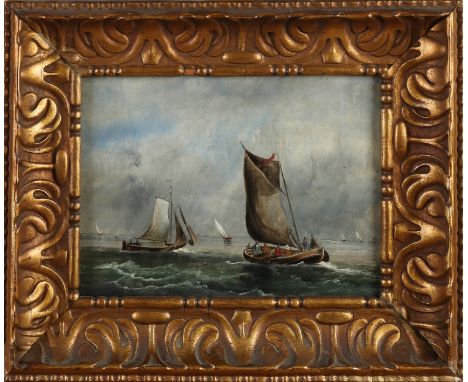 Dutch School.&nbsp;Circa 1900. Flat-bottomed boats at sea with figures.&nbsp;Oil paint on panel.&nbsp;Dimensions: H 18 x W 25