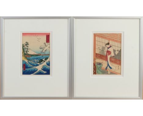 Two old Japanese woodblock prints.&nbsp;Signed.&nbsp;Geisha + seascape.&nbsp;(1) + on the reverse Hiroshighe Ando 1797 - 1858