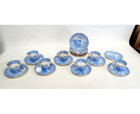 A Coalport part tea service - with a Chinese bridge decoration and gilt rims, comprising seven cups and saucers and six side 