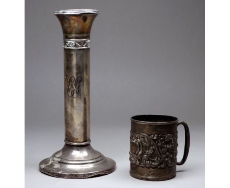 A silver christening mug - Birmingham 1910, William Henry Sparrow, repousse decorated with foliage, weight 35g, together with