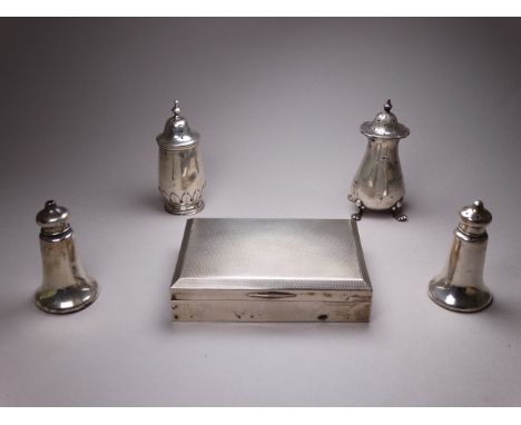 A silver cigarette box - Birmingham 1936, with engine turned lid, width 11cm, together with a pair of silver salt and pepper 