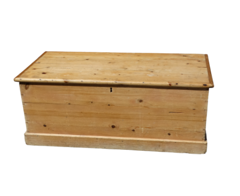 An early 20th century pine trunk - with steel bale handles, the hinged lid opening to reveal ownership details, G. Booth Luto