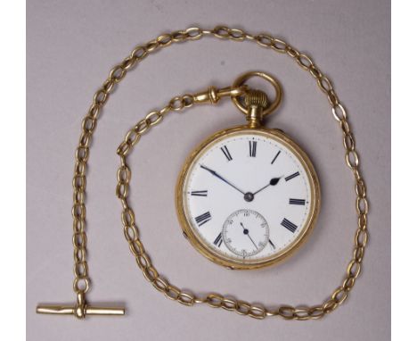 An 18ct yellow gold cased open face pocket watch - the white enamel dial set out in Roman numerals with subsidiary second dia