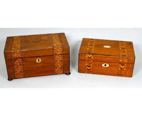 A mid Victorian walnut Tunbridgeware sewing box - rectangular with a mother-of-pearl plaque and interior fitted with lift-out