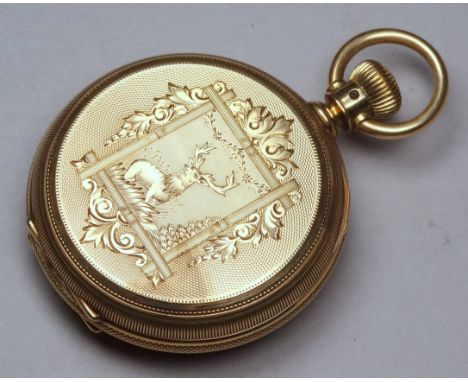 A yellow gold cased hunter pocket watch by Elgin - engine turned with engraving of stag to front and signed to reverse, the w
