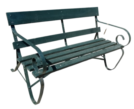 A late 19th century garden bench - the wrought steel scrolled ends with arms, joined by wood slats, width 120cm.