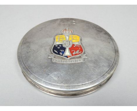 A Danish white metal compact - the cover with an enamel crest, the base impressed 'Solvplet, diameter 7.7cm. 