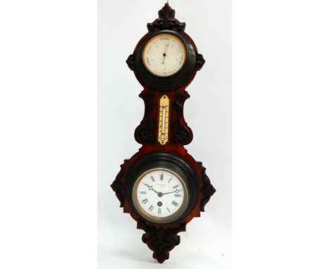 An early 20th century rosewood and ebony mounted timepiece - incorporating an aneroid barometer and thermometer, the enamel d