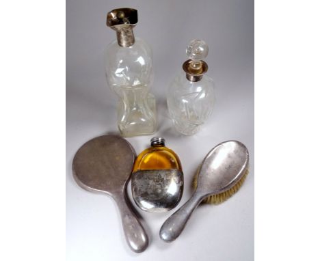 A silver hand mirror - Birmingham 1931, with a circular plate, length 27cm, together with a hairbrush, two silver mounted dec