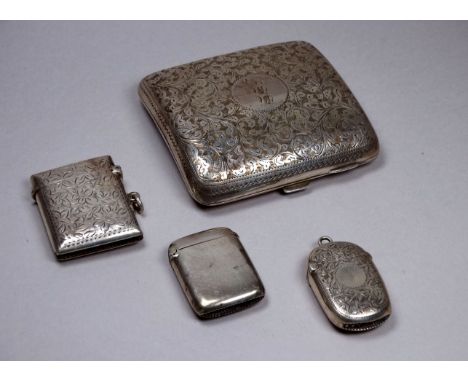 A silver cigarette case - Birmingham, early 20th century, with foliate engraving and cartouche with ownership initials, toget