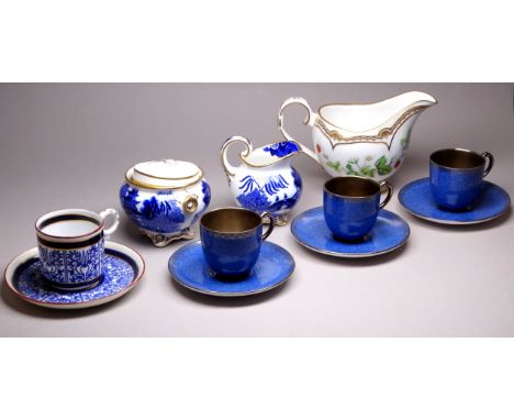 A small quantity of Royal Worcester ceramics - including three blue speckle glazed coffee cups with silver interiors, a 'Sand