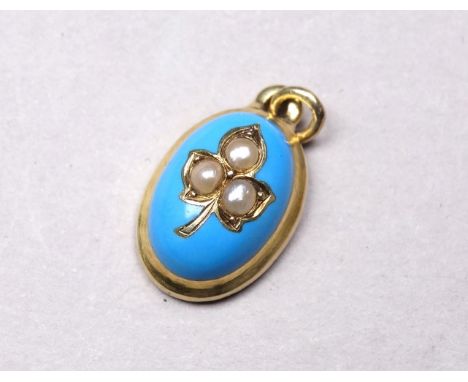 An early 20th century continental yellow metal pendant - possibly 18ct, turquoise enamel set with seed pearls, weight 1.4g.