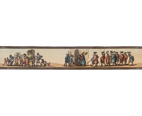 [Rowlandson (Thomas)] [Rustic Scenes], hand-coloured aquatint miniature panorama of 22 different scenes with brown wash borde