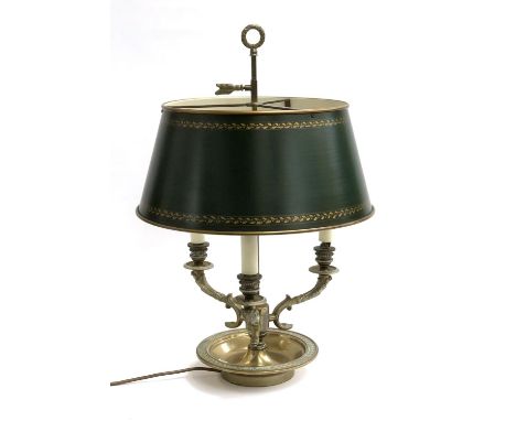 A large three fitting bouillotte lamp, with adjustable green toleware shade, approx. 60cm high 