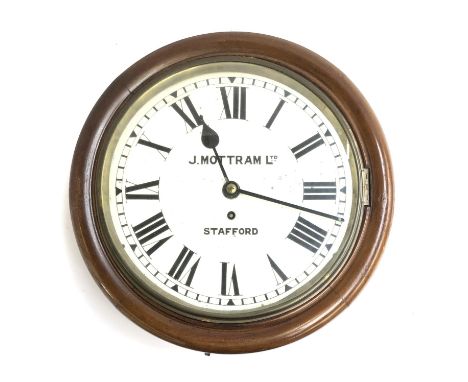 A late 19th/early 20th century mahogany cased wall clock, 11" enamel dial, Roman numerals, marked J. Mottram Ltd, Stafford, w